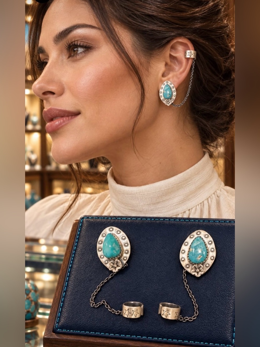 Kingman Turquoise Teardrop Chain Ear Cuff - Sterling Silver